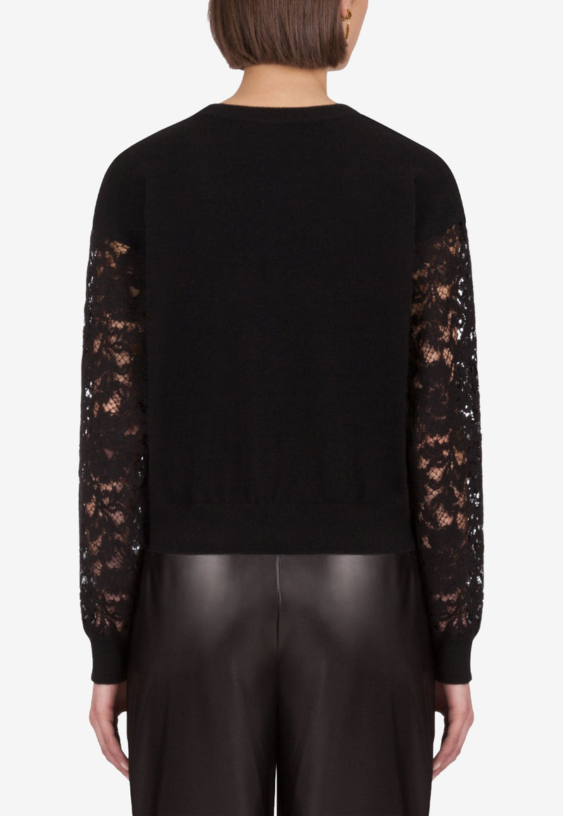 Dolce 
Gabbana Black Lace-Sleeved Cashmere Sweater FX960T JAM7O N0000