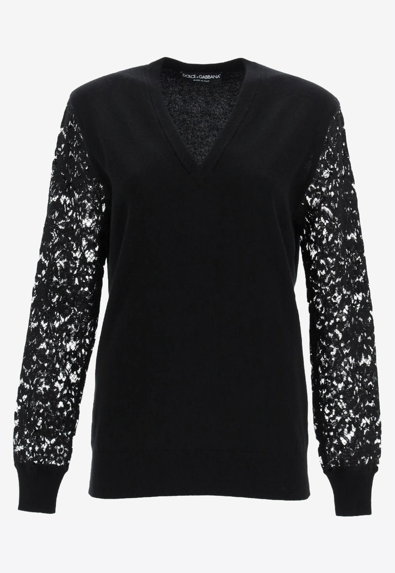 Dolce 
Gabbana Black Lace Sleeved V-Neck Cashmere Sweater FX962T JAM7O N0000