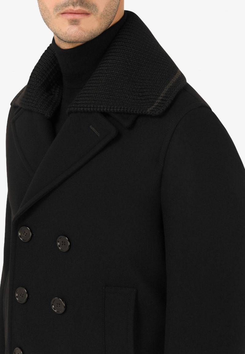 Dolce 
Gabbana Black Double-Breasted Knit Collar Peacoat G020RT HUMDQ N0000