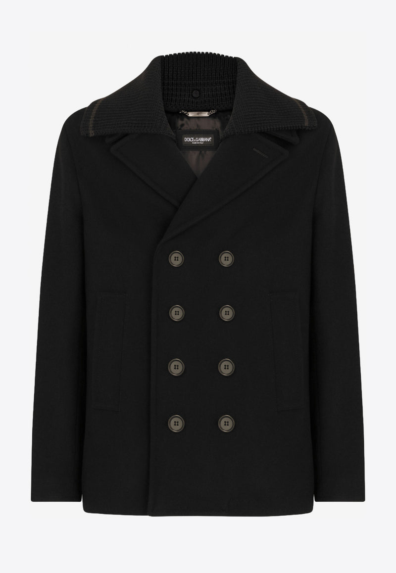 Dolce 
Gabbana Black Double-Breasted Knit Collar Peacoat G020RT HUMDQ N0000