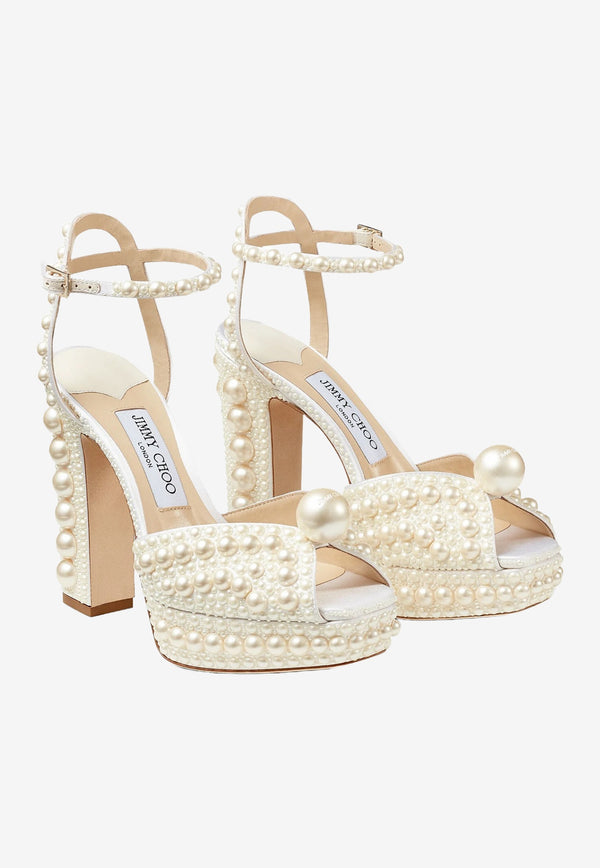 Jimmy Choo Sacaria 120 Pearl Embellished Satin Platform Sandals White SACARIA/PF 120 WOZ WHITE/WHITE