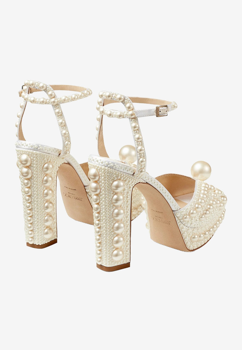 Jimmy Choo Sacaria 120 Pearl Embellished Satin Platform Sandals White SACARIA/PF 120 WOZ WHITE/WHITE