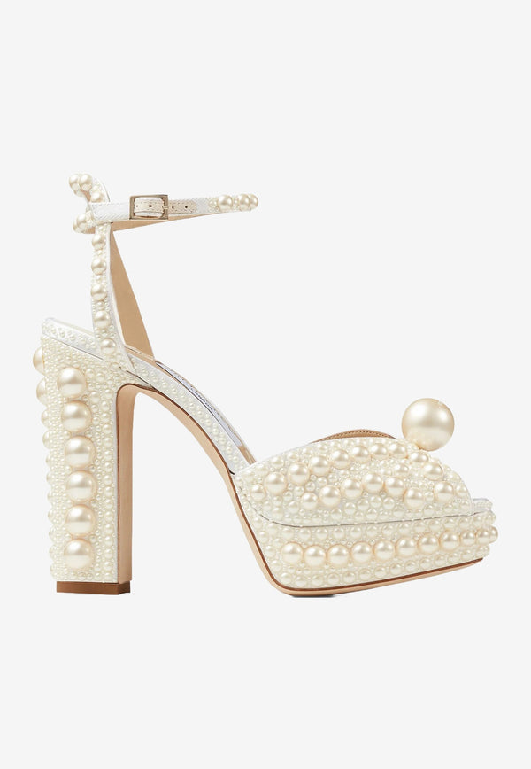 Jimmy Choo Sacaria 120 Pearl Embellished Satin Platform Sandals White SACARIA/PF 120 WOZ WHITE/WHITE