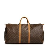 LOUIS VUITTON SAC Keepall 60cm en toile Monogram et cuir naturel, chiffré Y.M. (petite patine d'usage sur cuir et très légères usures aux anses). SAC Speedy 40cm coordonné (excellent état)