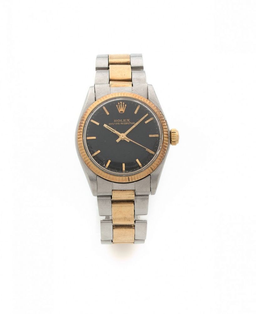 ROLEX,Ref. 6551, n° 1581294,Vers 1966,Montre bracelet en or 14k (585) et acier,Boîtier: rond, lunette cannelée en or, fond de boîte gravé VI.66, signé,Cadran: noir gilt, index bâton appliqués, signé,Mouvement: automatique cal. 1161, signé,Bracelet: Oyster