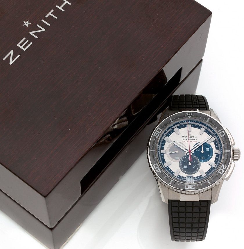 ZÉNITH,El Primero Stratos Flyback Striking 10th,Learn to love what you have been taught to fear,Ref. 03.2062.4057,Vers 2012,Chronographe bracelet en acier avec fonction flyback et indication 1/10 de seconde,Boîtier: rond, poussoir rectangulaires, signé,Ca
