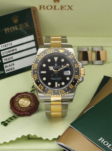 ROLEX REF. 116713 STEEL & GOLD GMT MASTER II. Rolex, "Oyster Perpetual Date, GMT-MASTER II, Superlative. Chronometer Officially Certified" Ref. 116713. Made in 2011, sold. August 24th, 2012.. Fine, two time zone, self-winding, center seconds, water-resist