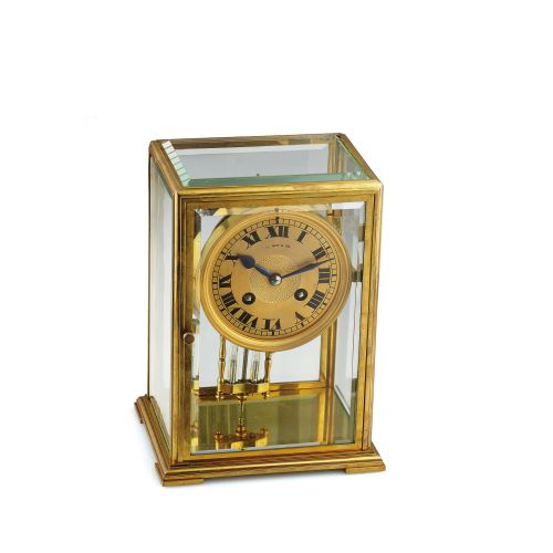 JAPY FRERES RETAILED BY TIFANY & CO.. Japy Freres, France, retailed by Tiffany & Co., New York.. No. 13384. Made in the 1900s.. Rectangular gilt brass and beveled glass striking mantel. clock with mercury pendulum.