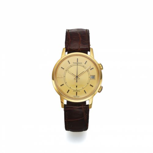 JAEGER LECOULTRE REF. 875 MEMOVOX. YELLOW GOLD. Jaeger LeCoultre, Memovox, Automatic, No. 2180064, case. No. 1515663, Ref. 875.21. Made in 1972.. Fine center seconds, self-winding, water-resistant, 18K yellow. gold wristwatch with date, alarm, two crowns 