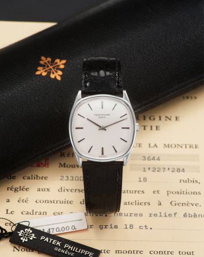 PATEK PHILIPPE REF. 3644 WHITE GOLD. Patek Philippe & Co, Genève, No. 1227284, case No. 2746270. Ref. 3644. Sold on May 12th, 1976.. Fine and unusual, square, manual-winding, 18K white gold. wristwatch with 18K white gold Patek Philippe buckle.. Accompani