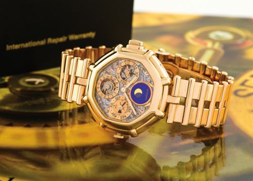 GERALD GENTA REF. 3019 SKELETON PERPETUAL CALENDAR, MINUTE REPEATER.Gérald Genta, Genève, case No. 148, Ref. G3019.4. Made in the 1990's..Very fine and rare, octagonal, astronomic, minute-repeating, skeletonized, water resistant, 18K pink gold.wristwatch 