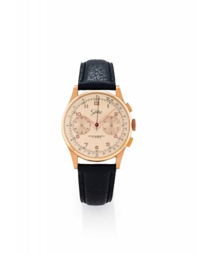 JOLUS, PINK GOLD NEW OLD STOCK.JOLUS, case No. 292535. Made in the 1950's..Fine, antimagnetic, 18K pink gold wristwatch with square button chronograph.tachometer and register.