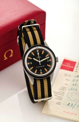 OMEGA SEAMASTER 300.ORIGINAL WARRANTY AND INVOICE.Omega, Seamaster 300 Automatic, movement No. 22990632.Ref. 165014-64. Sold in St. Point, Aden, Yemen on November.23rd, 1966..Fine, center seconds, self-winding, water-resistant, stainless.steel Staybrite d