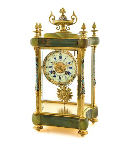 MARTI - FOUR GLASS ONYX & ENAMEL MANTEL CLOCK.Marti et Cie, French, No. 6580/48. Made circa 1900..Fine, gilt-brass, onyx and champleve enamel, 8-day going, hour and.half-hour going mantel clock.