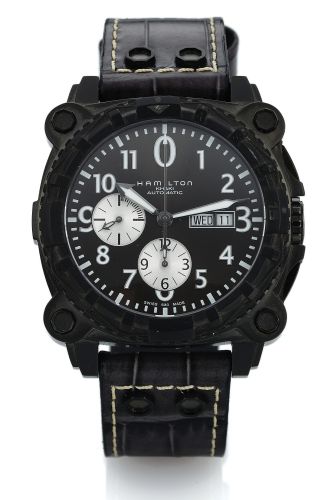 HAMILTON KHAKI AUTOMATIC.CHRONOGRAPH DAY & DATE PVD-COATED.Hamilton, Khaki, Automatic, Ref H786960. Made circa 2011..Fine and unusual, tonneau-shaped, oversized, self-winding.water-resistant, stainless steel wristwatch with day & date, square.button chron