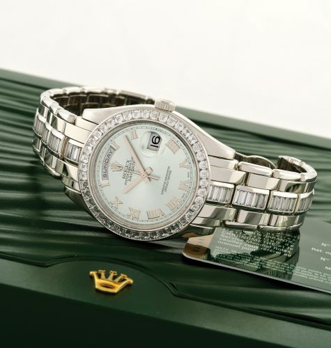 ROLEX, REF. 18956BR - SPECTACULAR SPECIAL EDITION.PLATINUM & DIAMOND DAY-DATE.Rolex, Oyster Perpetual Day-Date, Superlative Chronometer Officially Certified, case.No. M597313, Ref. 18956BR. Sold by Bucherer, Geneva on February 10, 2010..Extremely fine and