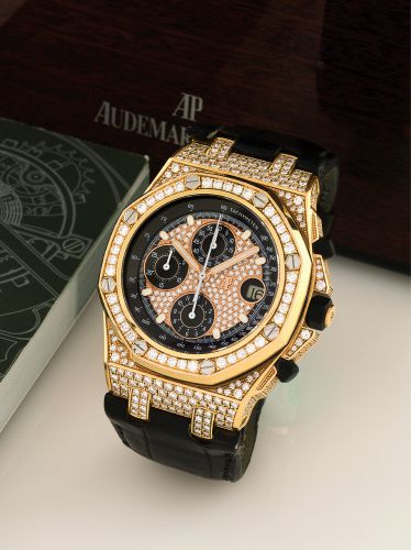 AUDEMARS PIGUET ROYAL OAK OFFSHORE CHRONOGRAPH - PINK GOLD & DIAMONDS.Audemars Piguet, Genève, Royal Oak Offshore, No. 096, case No. H 48157, Ref. 26067 OR. Sold in June 2012..Very fine and rare, oversized, tonneau-shaped with octagonal bezel, self-windin