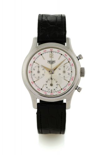 HEUER SMALL PUSHER CHRONOGRAPH.Heuer, Carrera, case No. 50689, Ref. 2445. Made in the late 1960's..Fine and rare, water resistant stainless steel wristwatch, with round button.chronograph and registers