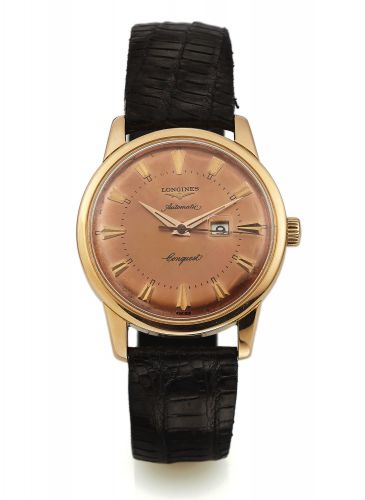 LONGINES REF. 9005 CONQUEST YELLOW GOLD.Longines, Conquest, Automatic, No. 11183570.Ref. 9005. Made in the 1960s..Fine, center seconds, self-winding, water-resistant.18K yellow gold wristwatch with date.