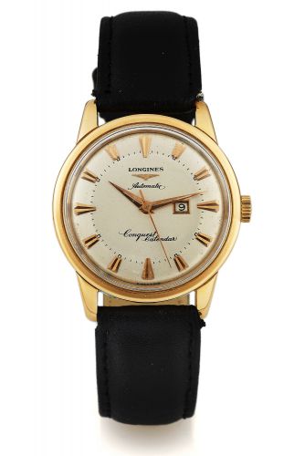 LONGINES REF. 9005 CONQUEST YELLOW GOLD.Longines, Conquest Calendar, Automatic.No. 11183112, Ref. 9005. Made in the 1960s..Fine, center seconds, self-winding, water-resistant, 18K.yellow gold wristwatch with date.