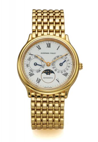 AUDEMARS PIGUET DAY-DATE & MOON.PHASES YELLOW GOLD.Audemars Piguet, Genève, Day-Date, Automatic.case No. C 37516. Made in the 1980's..Fine, self-winding, 18K yellow gold wristwatch with.day & date, moon phases and an 18K yellow gold Audemars.link bracelet