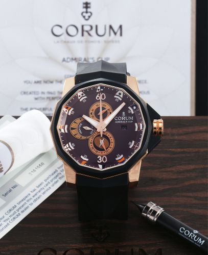 CORUM REF. 277.931.91 ADMIRAL'S CUP.TIDES 48 RUBBER AND PINK GOLD.Corum, ''Admiral's Cup'', No. 2161550, Ref. 277.931.91..Made circa 2010..Fine and unusual, dodecagonal, water-resistant, self-winding.center second, 18k pink gold and vulcanized black rubbe