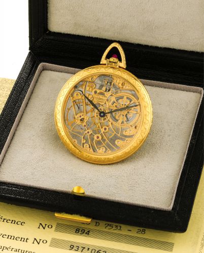 PATEK PHILIPPE, REF. 894, SQUELETTE, YELLOW GOLD ORIGINAL BOX & CERTIFICATE.Patek Philippe, Genéve, No. 937063, Ref. 894. Sold by Gübelin, Basel, on January 27, 1983..Very fine and very rare, 18K yellow gold, skeletonized, keyless dress watch. Accompanied
