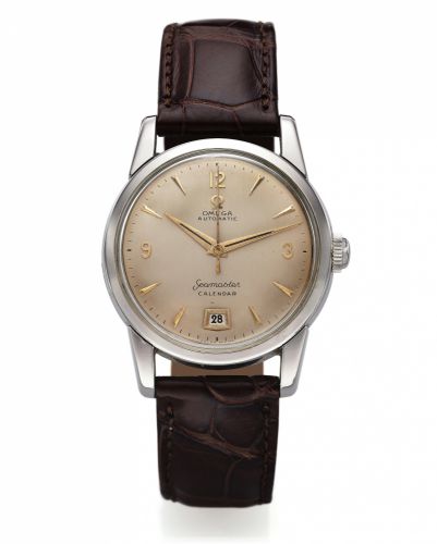 OMEGA REF 2757 3 SC SEAMASTER CALENDAR STEEL.Omega, Seamaster Calendar, movement No. 14349325, Ref. 2757-3 SC. Made in 1954..Fine and rare, center-seconds, self-winding, water-resistant, stainless steel wristwatch with date and a stainless steel Omega buc