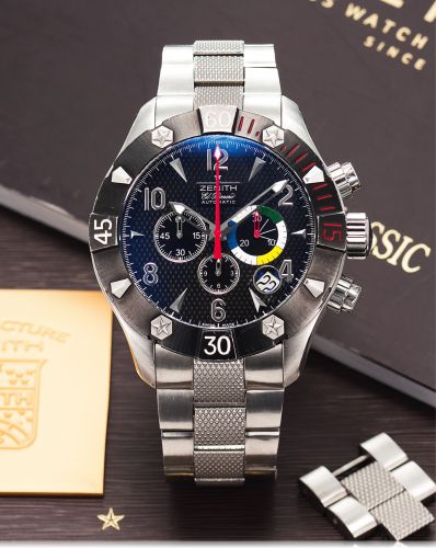 ZENITH DEFY CLASSIC CHRONO AERO STEEL.Zenith, Defy Classic Chrono Aero, El Primero, Automatic. Made.circa 2006..Fine, oversized, self-winding, water-resistant, stainless steel.wristwatch with round-button chronograph, registers, date and a.stainless steel