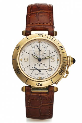 CARTIER REF 2395 PASHA TWO TIME ZONE.POWER RESERVE YELLOW GOLD.Cartier, Pasha - Two Time Zone, case No. 283192 MG.Ref. 2395. Made in the late 1990s..Fine, center seconds, self-winding, water-resistant, 18K.yellow gold wristwatch with date, 24-hour dial fo