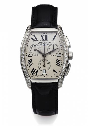 LONGINES REF. L2.656.0 EVIDENZA.STEEL.DIAMOND QUARTZ CHRONOGRAPH.Longines, Evidenza Chronograph, case No. 32335404, Ref. L2.656.0..Made circa 2005..Fine, tonneau-shaped and curved, two time zone, stainless steel and.diamond quartz wristwatch with olive-sh