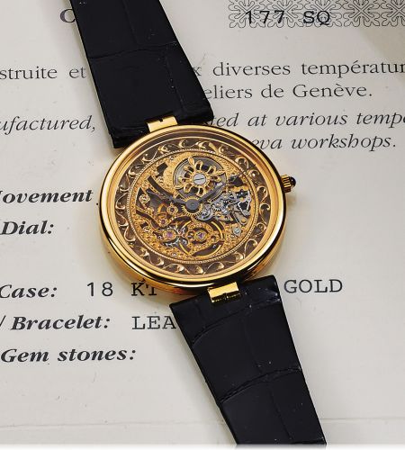 PATEK PHILIPPE REF. 3883 SKELETON, YELLOW GOLD.Patek Philippe, Genève, No. 1389766, case No. 2918968, Ref. 3883. Made in the 1990s, sold December 29th, 2000..Very fine and rare, thin and elegant, skeletonized, 18K yellow gold wristwatch with an 18K yellow