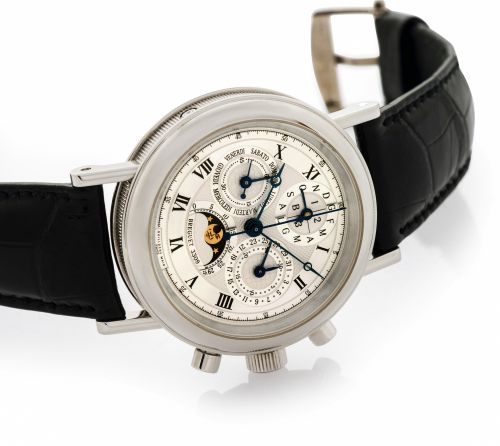 BREGUET REF. 5617 - CLASSIQUE PERPETUAL CHRONOGRAPH - PLATINUM.Breguet, Classique Perpetual Chronograph, No. 3309, movement No. 987, Ref. 5617. Made circa 2002..Very fine and rare, platinum manually-wound wristwatch with perpetual calendar, round button c