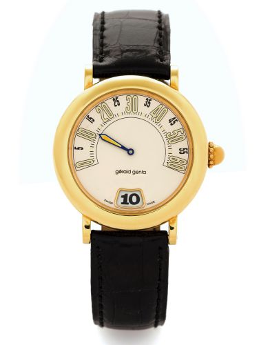 GERALD GENTA RETRO CLASSIC YELLOW GOLD.Gérald Genta, Rétro Classic, case No. 78290, Ref. G 3634..Made in the 1990s..Fine, jump-hour, self-winding, water-resistant, 18K yellow.gold wristwatch with retrograde minutes and a Gerald Genta.18K yellow gold buckl