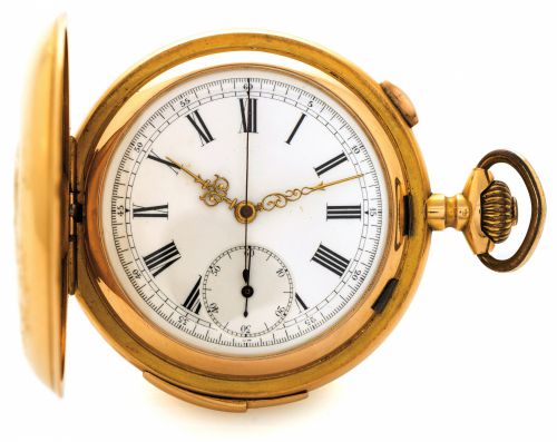 TEMPORA MINUTE REPEATER & CHRONOGRAPH.Tempora (Le Phare), Le Locle & La Chaux de Fonds.Répétition à Minutes Chronographe, No. 247672..Made circa 1915..Fine, minute-repeating, 18K gold hunting-cased keyless.pocket watch with chronograph..Cuvette signed.