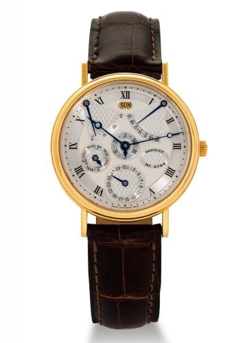 BREGUET REF. 3477 - EQUATION OF TIME.Breguet, Equation of Time - Perpetual Calendar, Automatic, No. 6744.Ref 3477. Made circa 2000..Very fine and rare, skeletonized, self-winding, 18K yellow gold wristwatch with perpetual calendar, equation of time, 45-ho