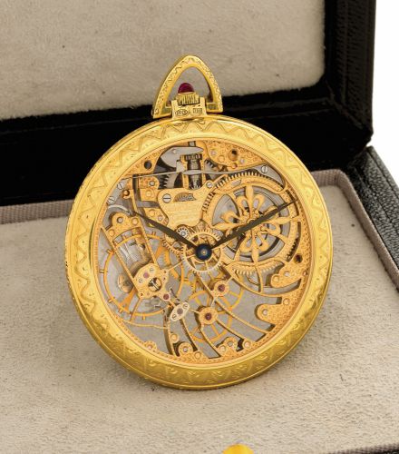 PATEK PHILIPPE REF. 894 SQUELETTE.ORIGINAL BOX & CERTIFICATE YELLOW GOLD.Patek Philippe, Genéve, No. 937063, Ref. 894. Sold by Gübelin, Basel, on.January 27, 1983..Very fine and very rare, 18K yellow gold, skeletonized, keyless dress watch..Accompanied by