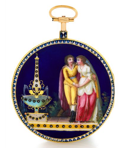GREGSON GOLD & ENAMEL.POCKET WATCH THE FOUNTAIN OF LOVE.Gregson, à Paris, No. 14084. Made circa 1800..Very fine, gold, painted on enamel and rose-cut diamond-set.pocket watch.