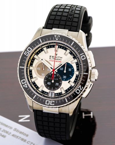 ZENITH, EL PRIMERO STRATOS FLYBACK STRIKING 10.Zenith, El Primero Stratos Flyback Striking 10, tribute to Felixe.Baumgartner, Ref. 03.2062.4057. Made circa 2012..Very fine water-resistant self-winding wristwatch with chronograph..Accompanied by a fitted b