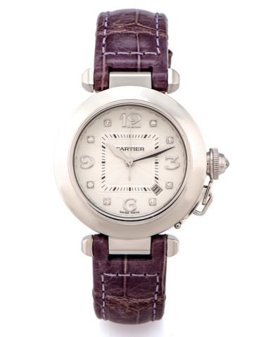 CARTIER REF 2528 PASHA WHITE GOLD.Cartier, Pasha, case No. 364179 MG, Ref. 2528..Made circa 2008..Very fine, center seconds, self-winding, water-resistant, 18K.white gold and diamonds wristwatch with date and an 18K.white gold Cartier clasp..Dial, case an