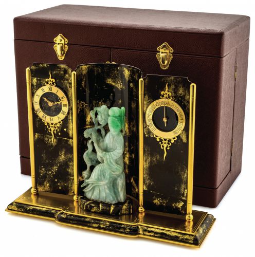 HOUR LAVIGNE DESK CLOCK.AND BAROMETER GILT & JADE.Hour Lavigne, Swiss, movement No. 102984, No..90339/5272/983/1. Sold on June 7th, 1954..Fine and elegant, gilt-brass, painted metal and.carved jade, 8-day going desk clock and barometer.