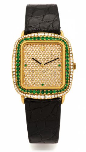 AUDEMARS PIGUET HAUTE JOAILLERIE.DIAMOND & EMERALD WATCH YELLOW GOLD.Audemars Piguet, movement No. 383289, case No. D 9525..Made circa 2000..Very fine and extremely elegant, 18K yellow gold, diamond.and emerald-set wristwatch with an 18K yellow gold Audem
