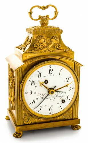 MEURON GRANDE & PETITE.SONNERIE PENDULE D'OFFICIER.Meuron & Comp., (Neuchatel), movement No. 1976..Made circa 1800..Fine and rare, gilt-bronze Grande and Petite sonnerie striking.Pendule d'Officier with pull-wind alarm and calendar.
