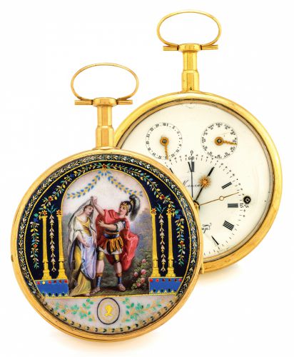 MEURON CALENDAR WATCH WITH EQUATION OF TIME & SPECIAL ESCAPEMENT ENAMEL & YELLOW GOLD.Meuron & Comp., case No. 1133. Made circa 1810..Very fine and extremely rare, gold and painted on enamel pocket watch with dual-calendar, equation of time indication, de