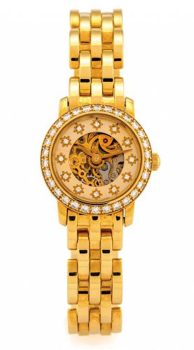 BLANCPAIN LADYBIRD.DIAMONDS & YELLOW GOLD.Blancpain, Ladybird, case No. 8. Made in the 1990s..Fine, 18K yellow gold and diamond-set lady's wristwatch with.skeletonized movement and an 18K yellow gold Blancpain.bracelet with double deployant clasp.