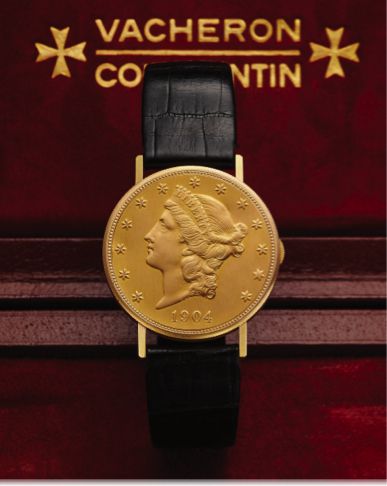 VACHERON & CONSTANTIN REF. 6510 COIN WATCH.Vacheron & Constantin, Genève, No. 588929, case No. 421363. Ref. 6510. Made in the 1980's..Very fine and rare, 18K yellow gold wristwatch inserted in a U.S..20 Dollar gold coin dated 1904 with an 18K yellow Vache