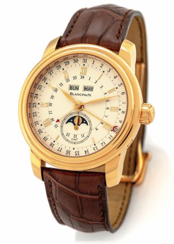 BLANCPAIN REF. 4276 GMT MOON PHASE.CALENDAR PINK GOLD.Blancpain, Le Brassus - GMT Moon Phase Calendar, No. 202.Ref. 4276. Made circa 2004..Very fine and rare, large, two-time-zone, self-winding, waterresistant.18K pink gold wristwatch with triple date cal