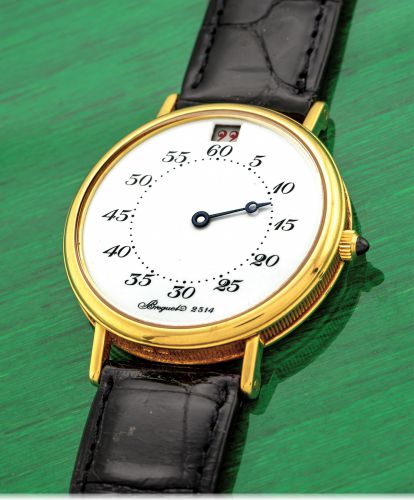 BREGUET REF. 3420 JUMPING HOUR.AUTOMATIC YELLOW GOLD.Breguet, Jump Hour Automatic, No. 2514, case No. 17/800, Ref. 3420. Made in a limited edition of 800 pieces in 1992..Very fine and rare, jumping-hour, self-winding, 18K yellow gold.wristwatch with ename