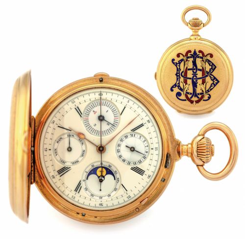 POITEVIN PERPETUAL CALENDAR & CHRONOGRAPH WATCH YELLOW GOLD.B. Poitevin, No. 35679. Made circa 1890..Very fine and rare, large, heavy 18K yellow gold and enamel, hunting-cased, keyless.pocket watch with gold wheel train, perpetual calendar, chronograph an