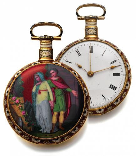EDOUARD JUVET TITUS AND BERENICE GOLD.Edouard Juvet, Titus & Berenice, Fleurier. Made for the Chinese market, No. 69, circa 1860..Fine and rare, center-seconds, gold, champlevé and painted on enamel pocket watch with.duplex escapement.